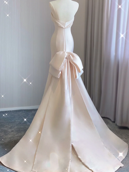 Simple Mermaid Strapless Neckline Long Satin Pink Wedding Dresses Brides Dress DP360