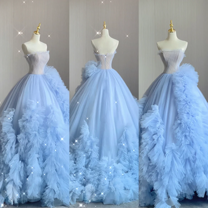 Pretty Ball Gown Strapless Blue Layers Tulle Long Prom Dresses Evening Dresses DP363