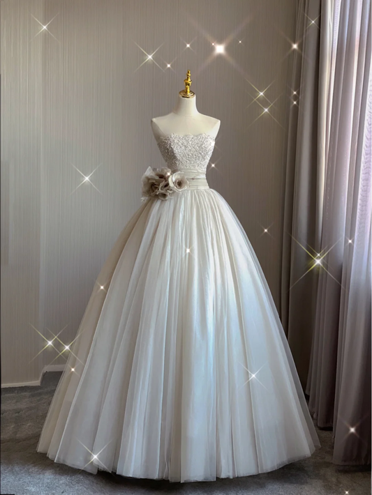 Pretty Ball Gown Strapless Champagne Tulle Long Prom Dresses Evening Dresses DP364
