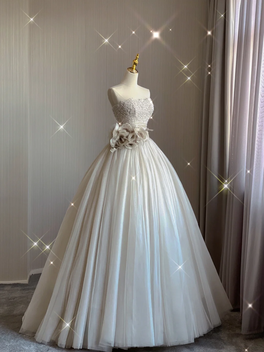 Pretty Ball Gown Strapless Champagne Tulle Long Prom Dresses Evening Dresses DP364