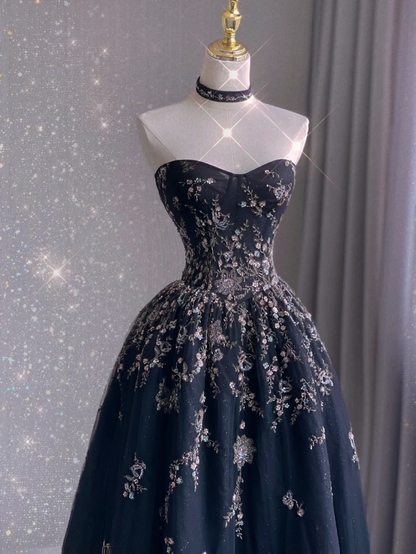Pretty Ball Gown Strapless Black Tulle Long Prom Dresses Evening Dresses DP365