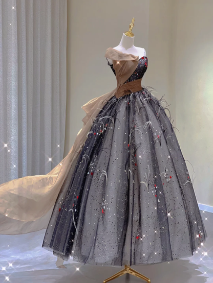 Pretty Ball Gown Strapless Black Tulle Long Prom Dresses Graduation Dress High School Classy Evening Dresses DP366