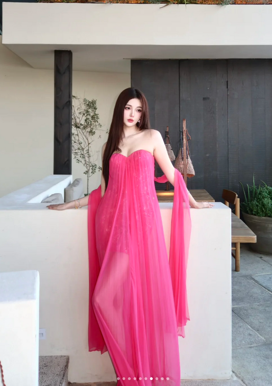 Sexy Sweetheart Neck Sheath Long Prom Dresses Chiffon Fuchsia Evening Dresses DP3373