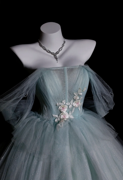 Fairy Off-the-Shoulder Ball Gown Long Prom Dresses Tulle Light Green Quinceanera Dresses Sweet 16 Dresses DP3689