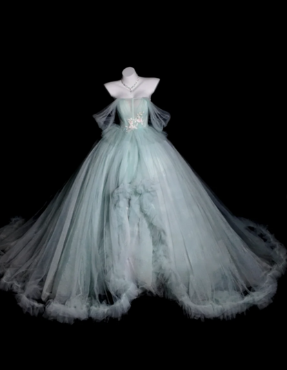 Fairy Off-the-Shoulder Ball Gown Long Prom Dresses Tulle Light Green Quinceanera Dresses Sweet 16 Dresses DP3689