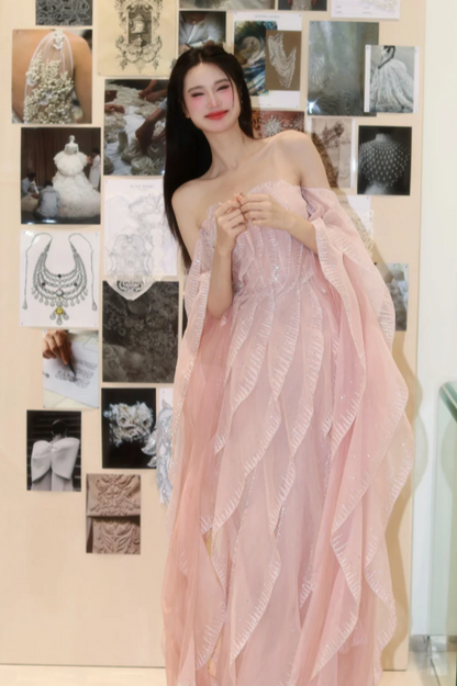 Sweet Strapless Sheath Long Prom Dresses Tulle Pink Evening Dresses DP3694