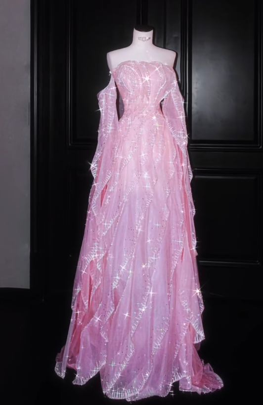 Sweet Strapless Sheath Long Prom Dresses Tulle Pink Evening Dresses DP3694