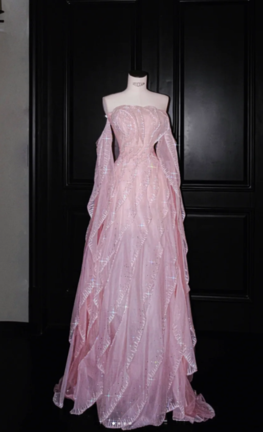 Sweet Strapless Sheath Long Prom Dresses Tulle Pink Evening Dresses DP3694