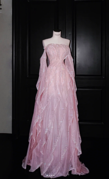Sweet Strapless Sheath Long Prom Dresses Tulle Pink Evening Dresses DP3694