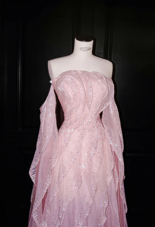 Sweet Strapless Sheath Long Prom Dresses Tulle Pink Evening Dresses DP3694
