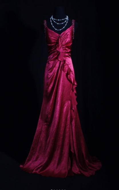 Vintage V-neck Sheath Long Prom Dresses Satin Hot Pink Evening Dresses DP3720