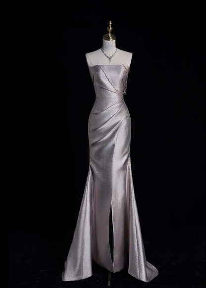 Elegant Spaghetti Strap Sheath Long Prom Dresses Satin Evening Dresses with Slits DP3727