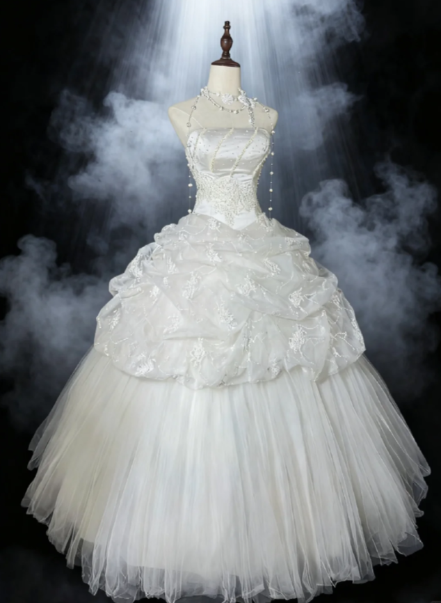 Vintage Strapless Ball Gown Long Wedding Dresses Tulle White Bridal Gowns Sleeveless Bridal Dresses DP3734