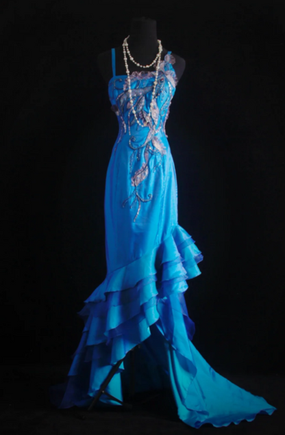 Vintage Sheath Blue Long Prom Dresses Satin Tulle Blue Evening Dresses DP3771