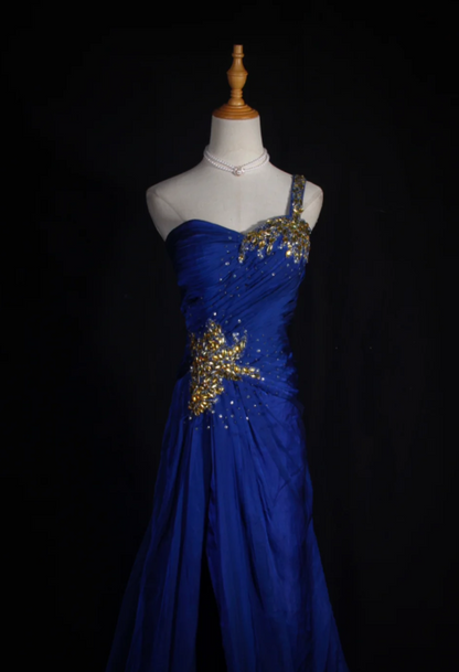 Gorgeous Sheath Royal Blue Long Prom Dresses One-shoulder Sleeveless Evening Dresses Chiffon Royal Blue Formal Dresses DP3818