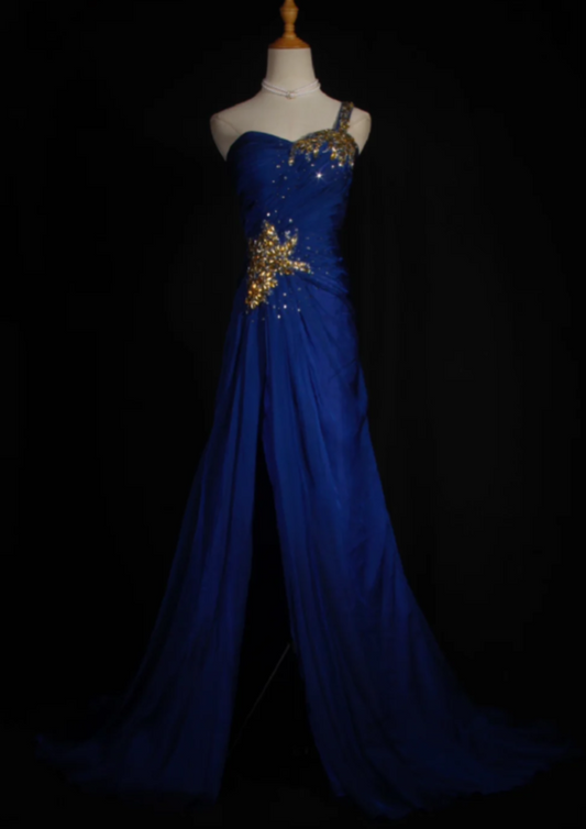 Gorgeous Sheath Royal Blue Long Prom Dresses One-shoulder Sleeveless Evening Dresses Chiffon Royal Blue Formal Dresses DP3818