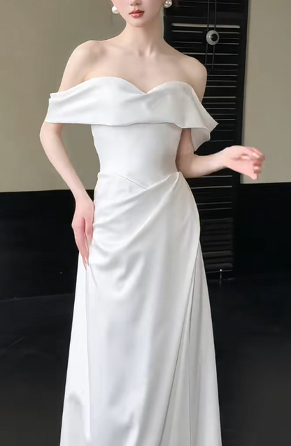 Simple Off-Shoulder Sheath Long Wedding Dresses; White Bridal Gowns; Satin Bridal Dresses DP03975