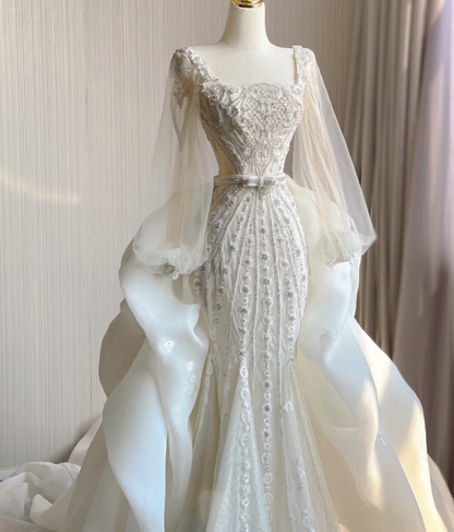 Luxury Mermaid Square Neckline Long White Wedding Dresses Brides Dress DP407