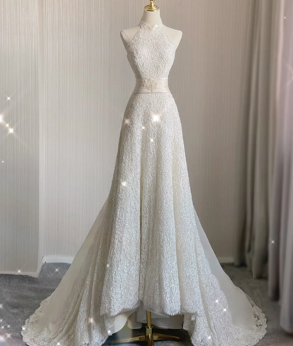 Unique A line High Neckline Lace Long White Wedding Dresses Summer Brides Dress DP409