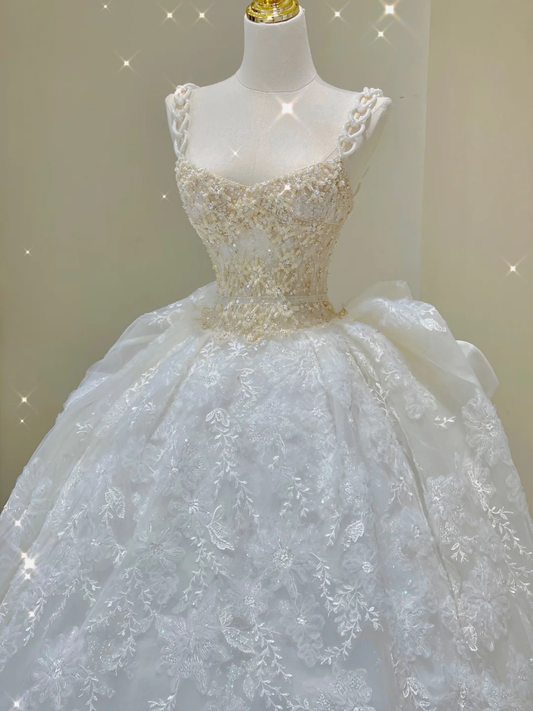 Dreamy Ball Gown Square Neckline Lace Long White Wedding Dresses Brides Dress DP422