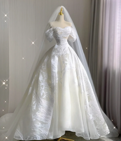 Timeless Ball Gown Off The Shoulder Satin Long White Summer Wedding Dresses Brides Dress DP423