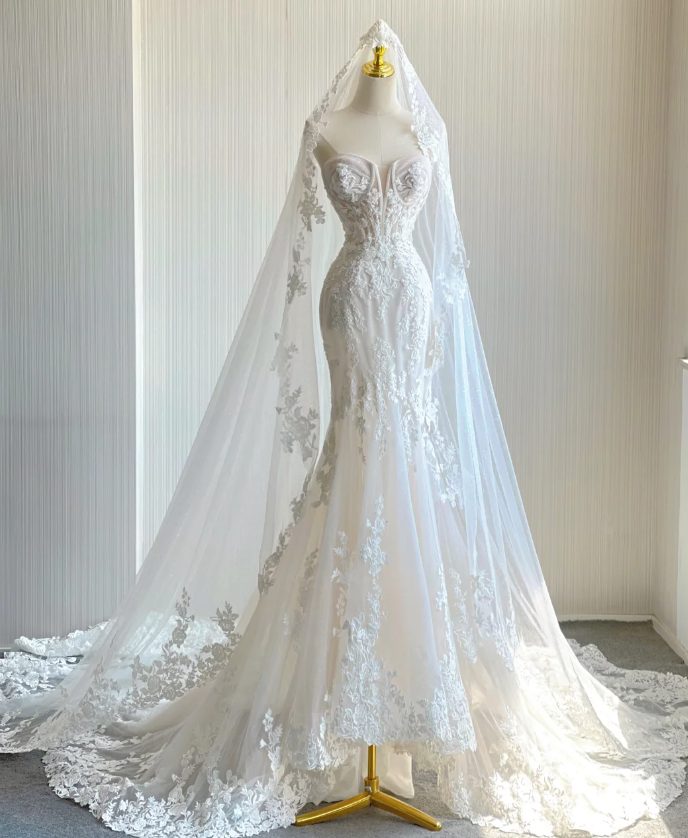 Classy Elegant Mermaid Sweetheart White Lace Wedding Dresses Brides Dress DP441