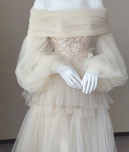 Timeless Ball Gown Off The Shoulder Long Sleeves Tulle Wedding Dresses Brides Dress DP442