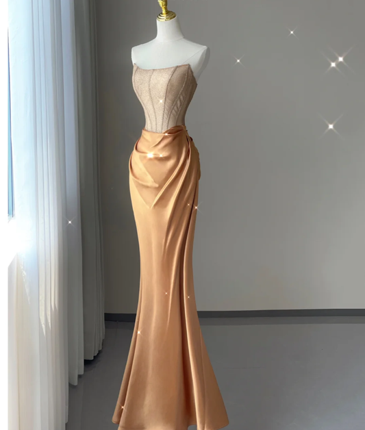 Pretty Mermaid Strapless Satin Sleeveless Long Prom Dresses Evening Dresses DP445