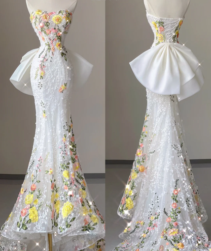 Pretty Mermaid Strapless Lace White Sleeveless Long Prom Dresses Evening Dresses DP446