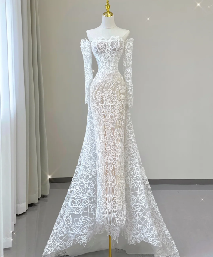 Classy Elegant Mermaid Off The Shoulder White Long Sleeves Lace Wedding Dresses Brides Dress DP456