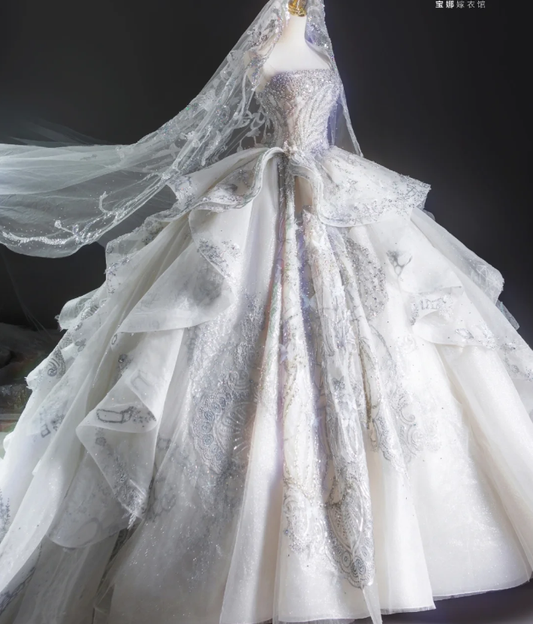 Timeless Ball Gown Strapless Sequin White Long Wedding Dresses Brides Dress DP460