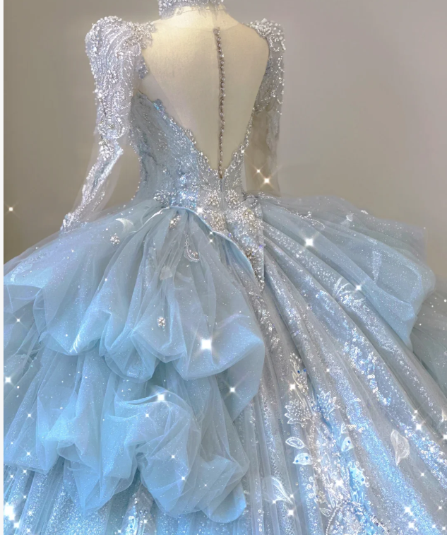 Timeless Ball Gown V Neckline Sequin Blue Long Sleeves Wedding Dresses Brides Dress DP465
