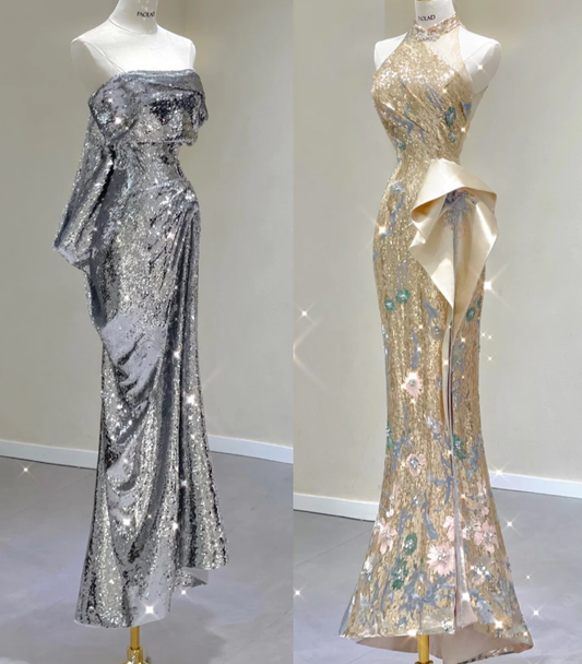 Pretty Mermaid Strapless Sleeveless Sequin Long Prom Dresses Simple Evening Dresses DP466