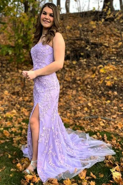 Pretty Strapless Prom Dress Mermaid Lace Long Evening Dress with Split Graduation Dress DP483