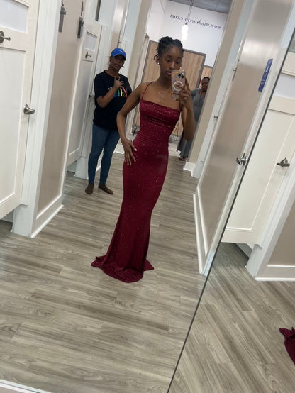 Classy Elegant Sheath Spaghetti Straps Burgundy Slit Sequin Prom Dresses Long Evening Dress Long Formal Dress DP495