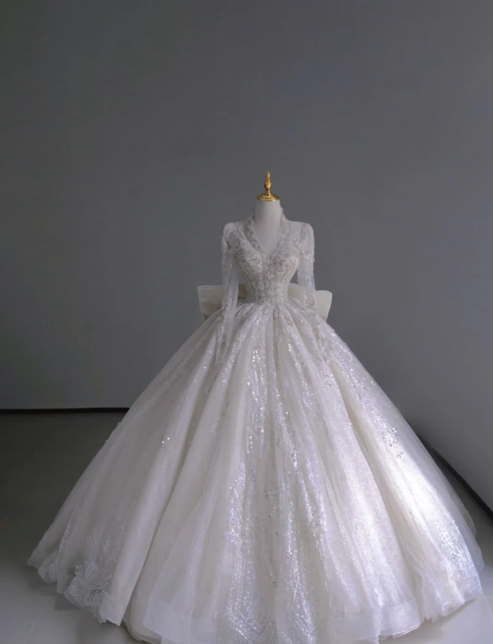 Timeless Ball Gown V Neckline Long Sleeves Long Satin White Sweep Train Wedding Dresses Brides Dress DP509