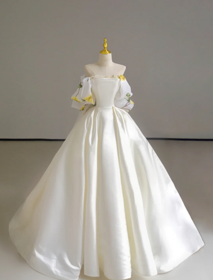 Dreamy Ball Gown Off The Shoulder Satin Long Floral Wedding Dresses Summer Brides Dress DP518