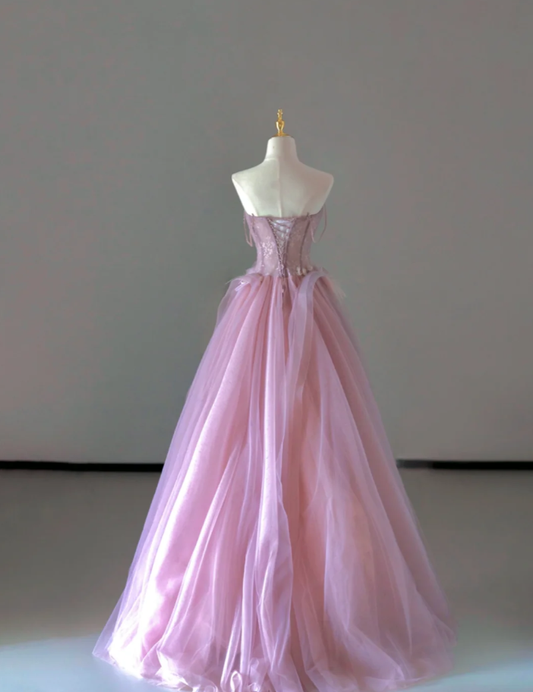 Pretty Ball Gown Strapless Pink Tulle l Sleeveless Long Prom Dresses Evening Dresses DP521