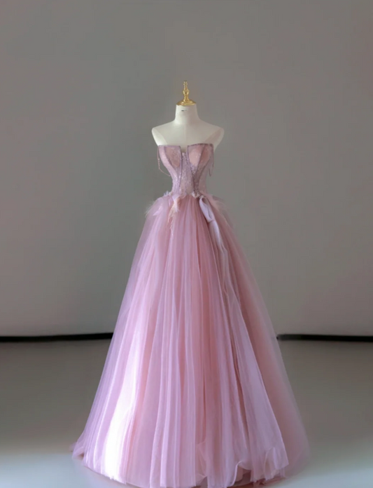 Pretty Ball Gown Strapless Pink Tulle l Sleeveless Long Prom Dresses Evening Dresses DP521