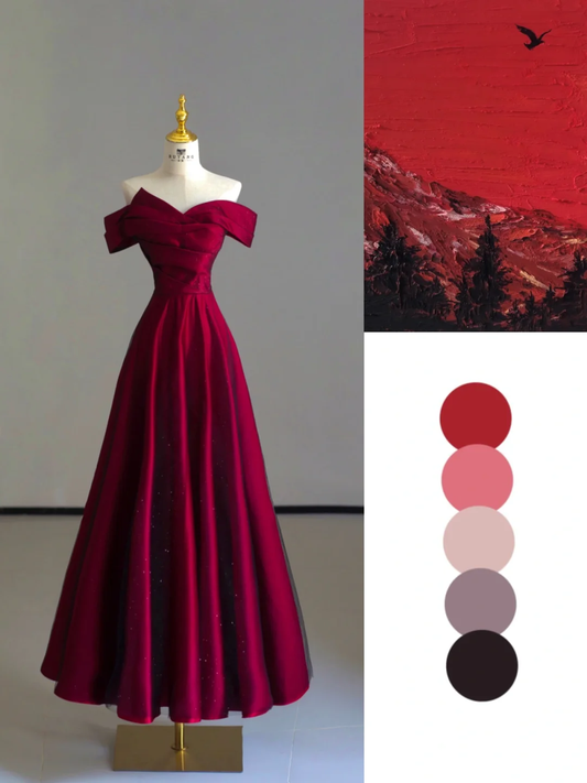 Fairy-tale A Line Off The Shoulder Burgundy Tulle Long Prom Dresses Evening Dresses DP529