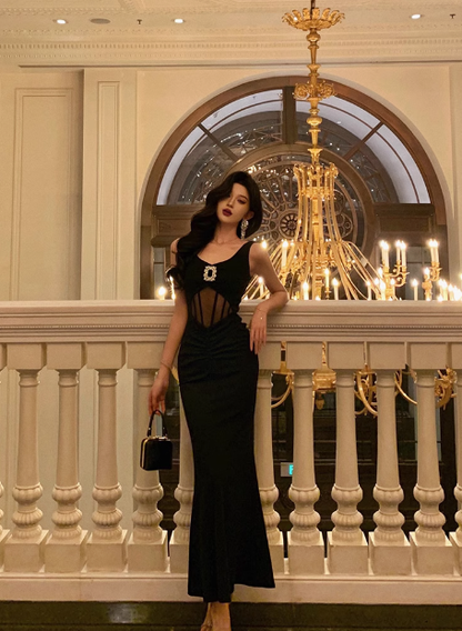 Cute Mermaid V Neckline Black Sleeveless 18th Birthday Dress Party Gown Birthday Outfits Birthday Dress Ideas For Women DP538