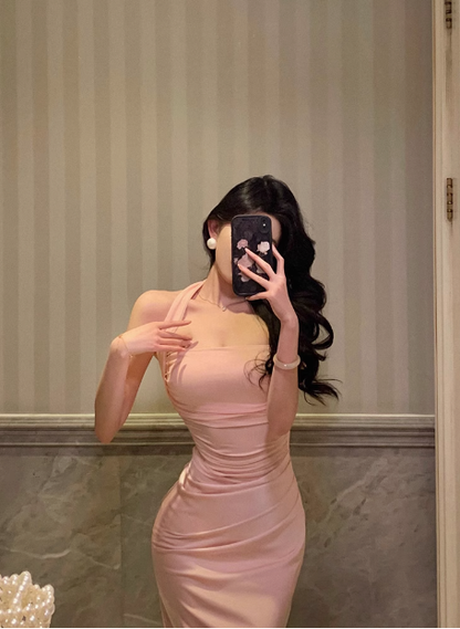 Elegant Sheath Halter Pink Satin Sleeveless 21st Birthday Dress Party Gown Birthday Outfits Birthday Dress Ideas For Women DP542