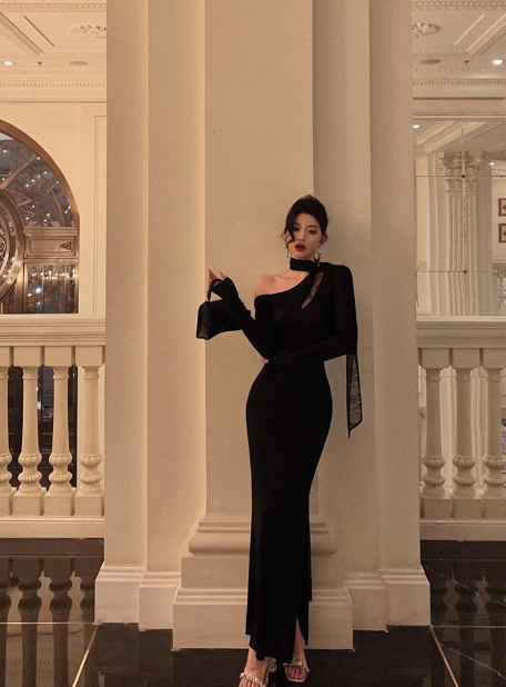 Classy Mermaid One Shoulder Black Long Sleeves 18th Birthday Dress Party Gown 21st Birthday Outfits Birthday Dress Ideas For Women DP571