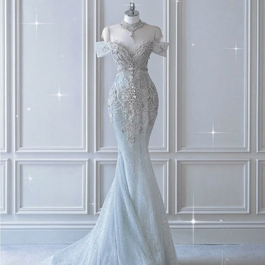 Dreamy Mermaid Wedding Dress Elegant Silver Off-Shoulder Evening Gown Summer Brides Dress DP605
