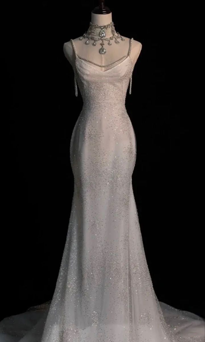 Chic White Mermaid Sequins Long Pleats Backless Wedding Dress Bridal Gowns DP621