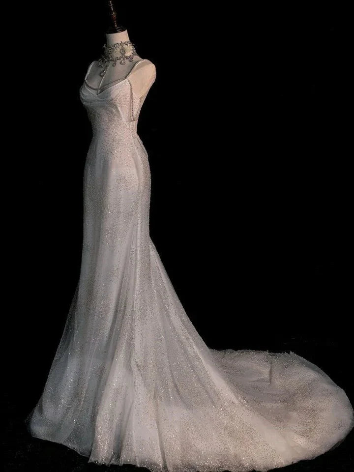 Stunning White Backless Mermaid Shiny Prom Gown Wedding Dress Party Dress Formal Wear Dresses DP606