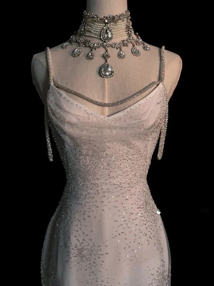Stunning White Backless Mermaid Shiny Prom Gown Wedding Dress Party Dress Formal Wear Dresses DP606
