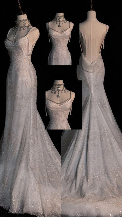 Stunning White Backless Mermaid Shiny Prom Gown Wedding Dress Party Dress Formal Wear Dresses DP606