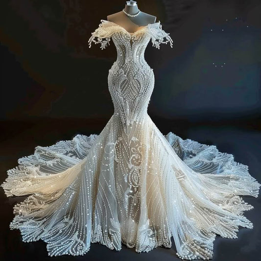 Luxury Long Wedding Dress White Exquisite Off Shoulder Mermaid Gown Wedding Dresses DP623