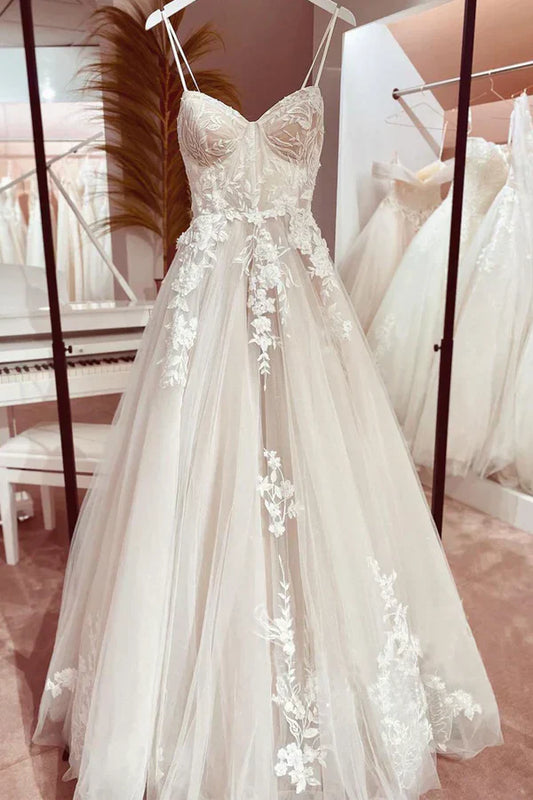 Chic Bridal Gown Elegant Italian Noodle Strap A-Line Lace Wedding Bridal Dress Bridal Gowns DP636